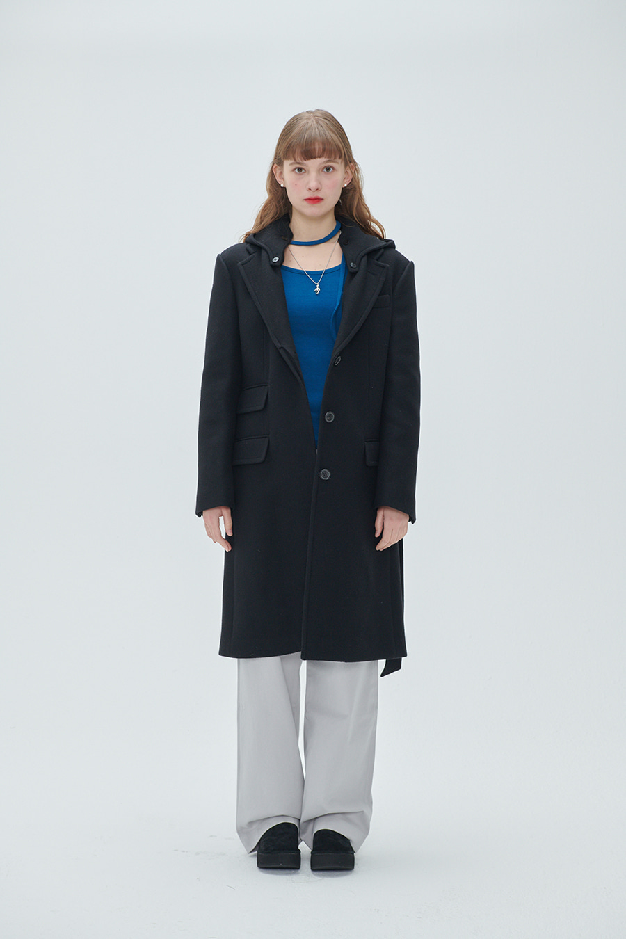 [홍지윤 착용] Hidden button wool hooded single coat - Black