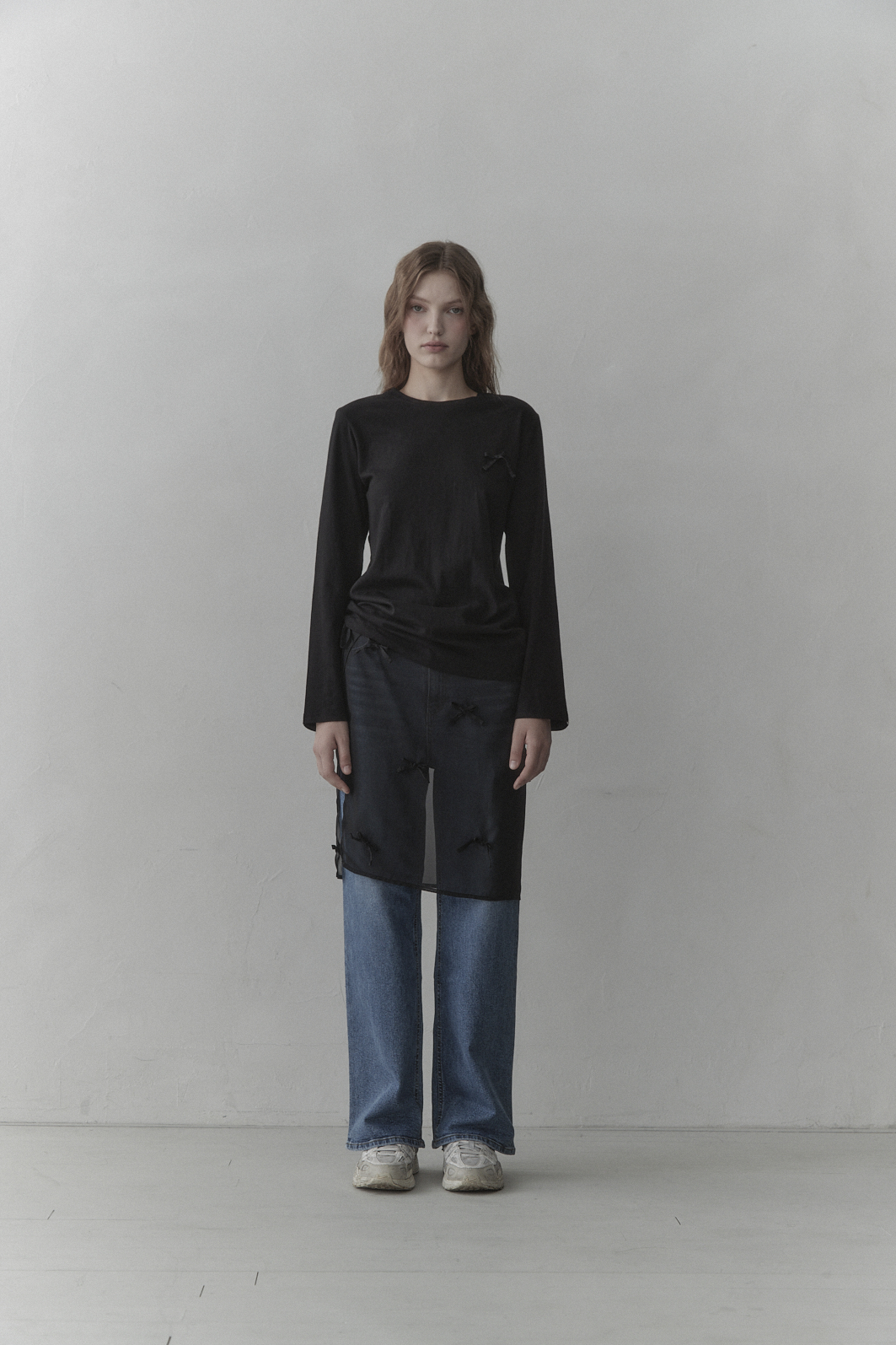 [New][Mausoleum x 이코코] Ribbon sheer  string midi wrap skirt - Black