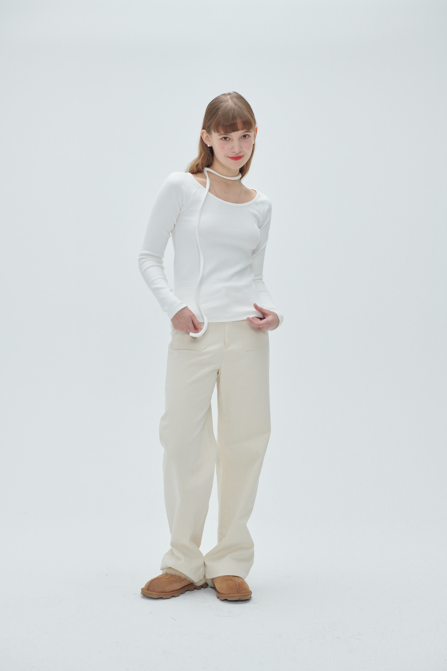 Cotton front pocket wide pants - Ivory