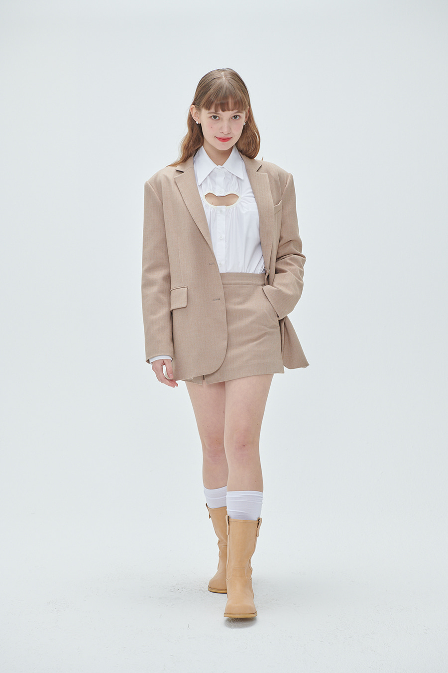 Herringbone suit mini side slit skirt - Beige