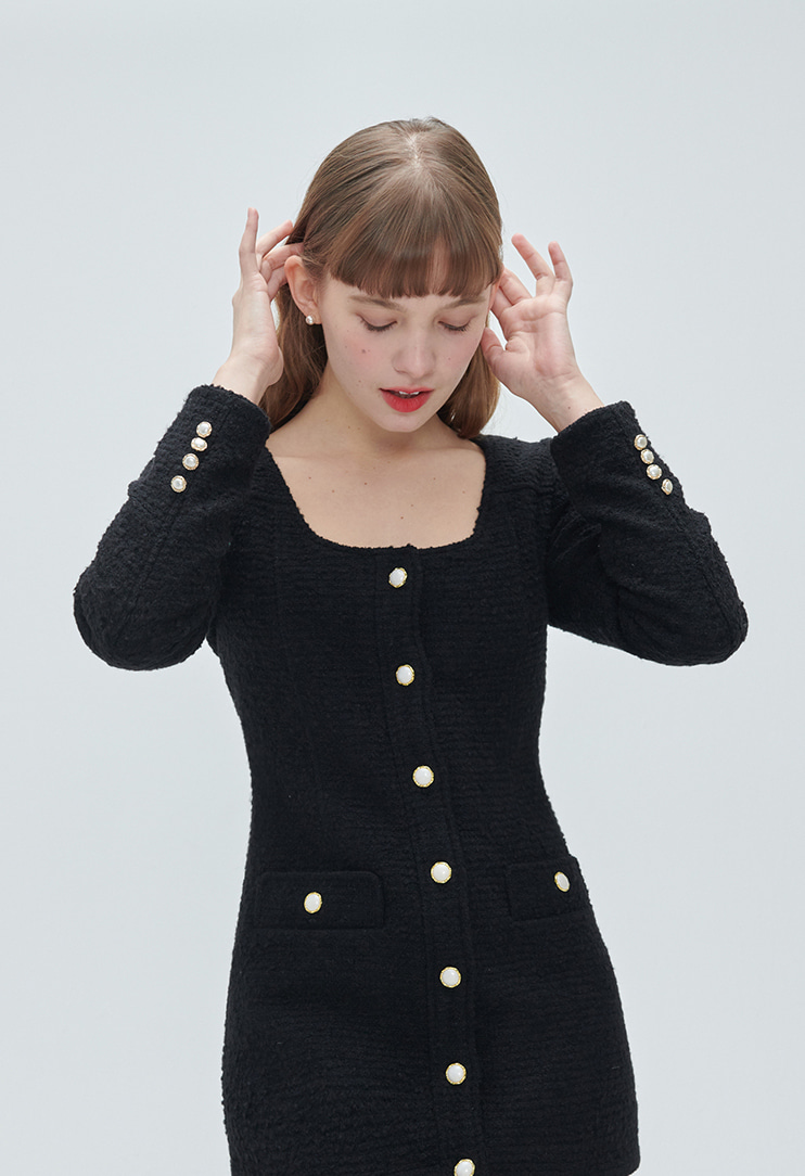 Deep round-neck tweed dress - Black
