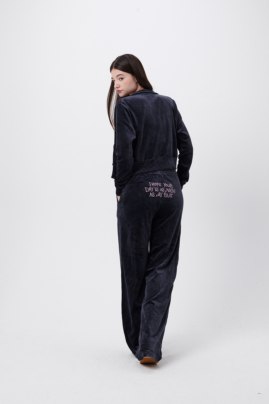 &#039;I hope your days is as nice as my butt&#039; Velour track suit pants - Charcoal