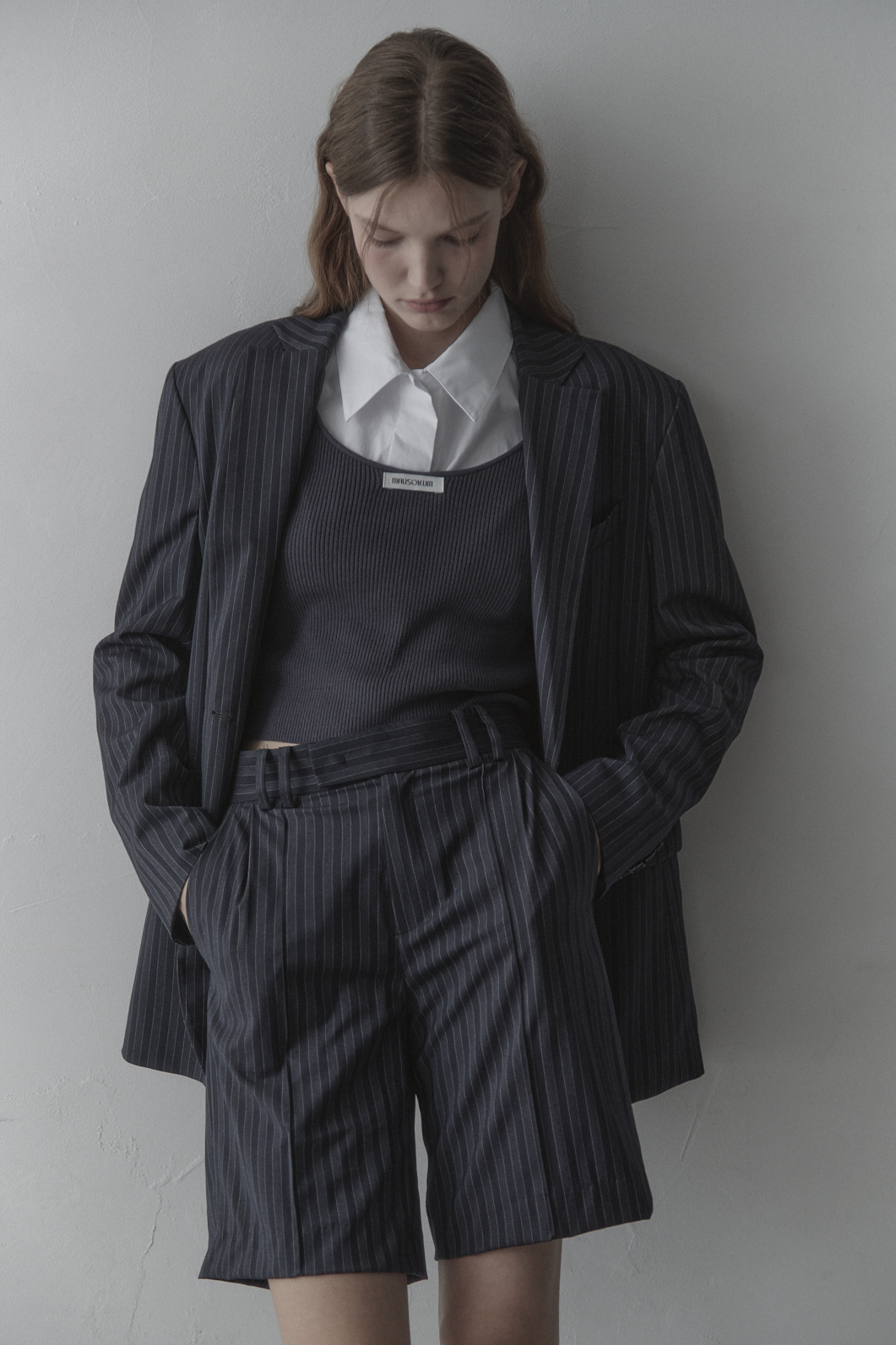 [박민영, 진기주 착용] Striped loose-fit suit jacket - Grey
